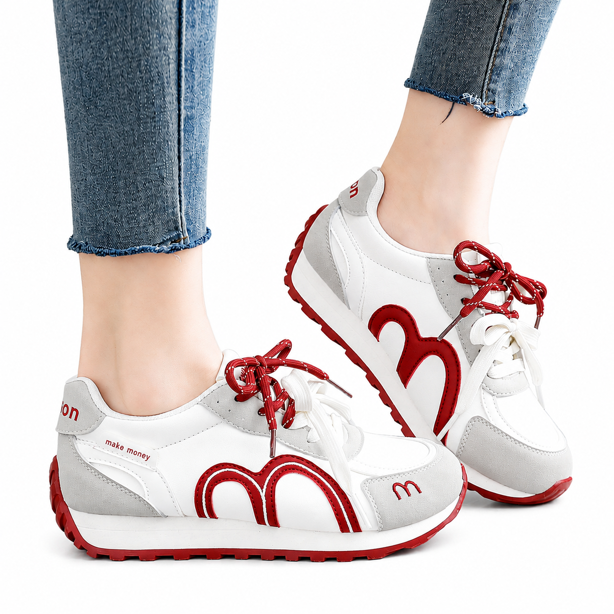 Women’s White, Grey & Red Retro Lace-Up Trainers Casual Fashion Sneakers